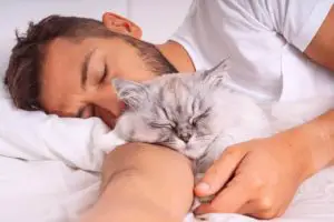 man sleeping with cat